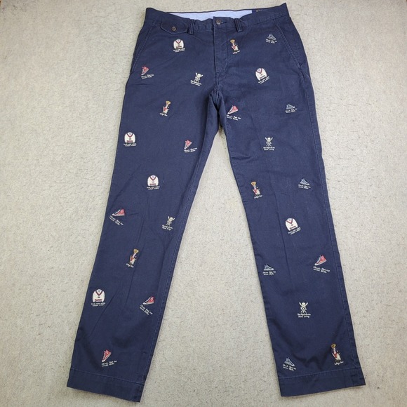 Polo Ralph Lauren College Bear Skull Crossbones Chino Pants Mens 32x32 Navy Blue